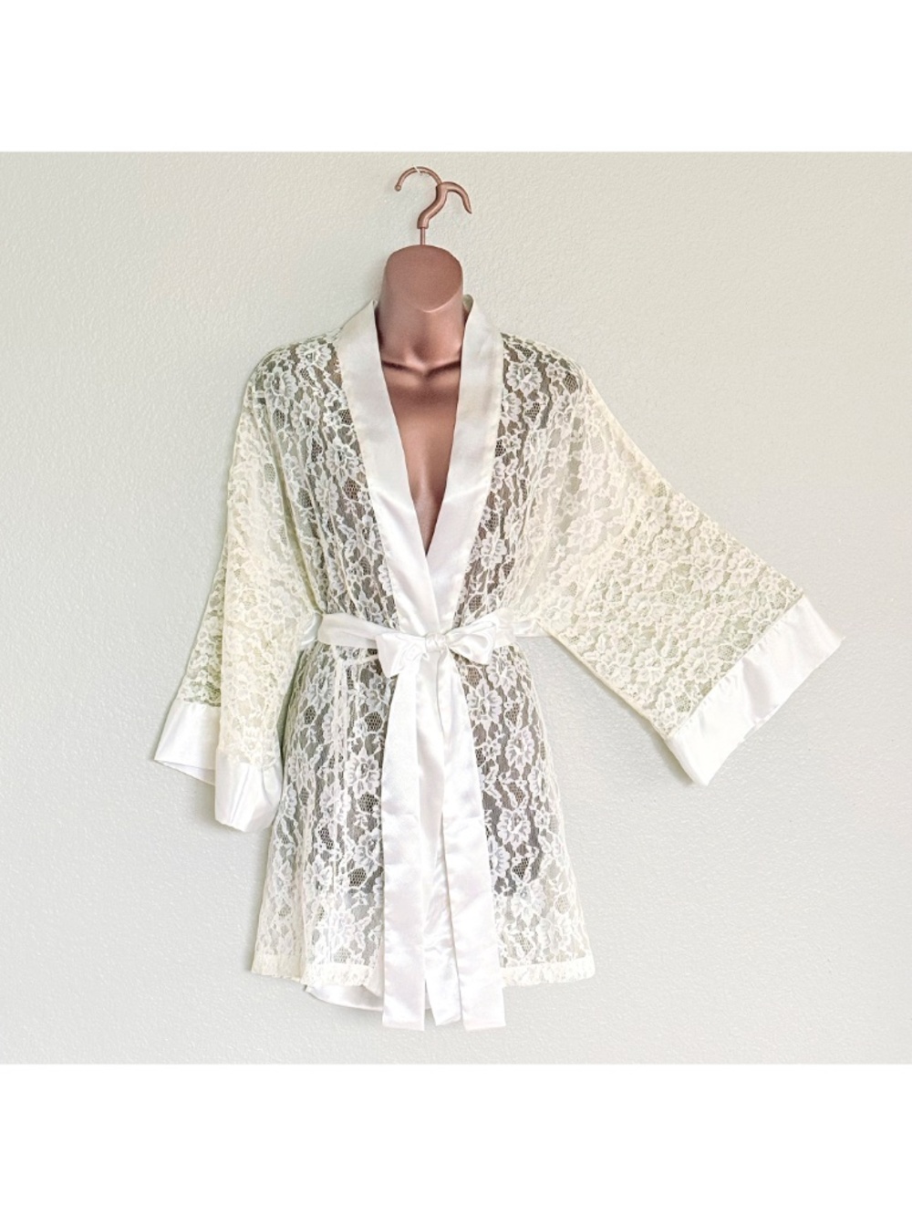 VTG 90s Victoria's Secret Gold Label Sheer Floral Ivory Lace Kimono Robe | OS